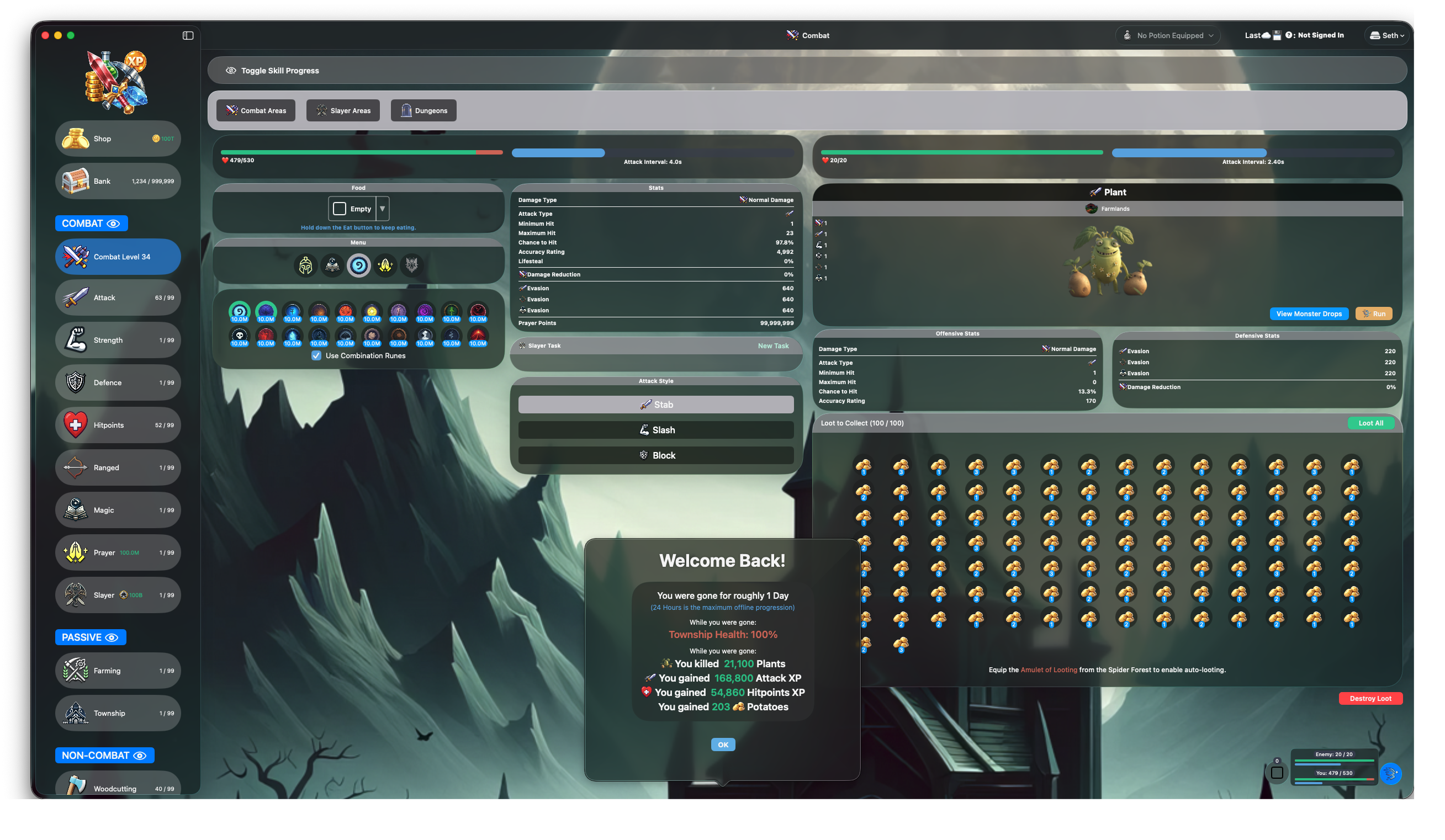 Manu Idle Mac desktop gameplay — combat interface with offline summary