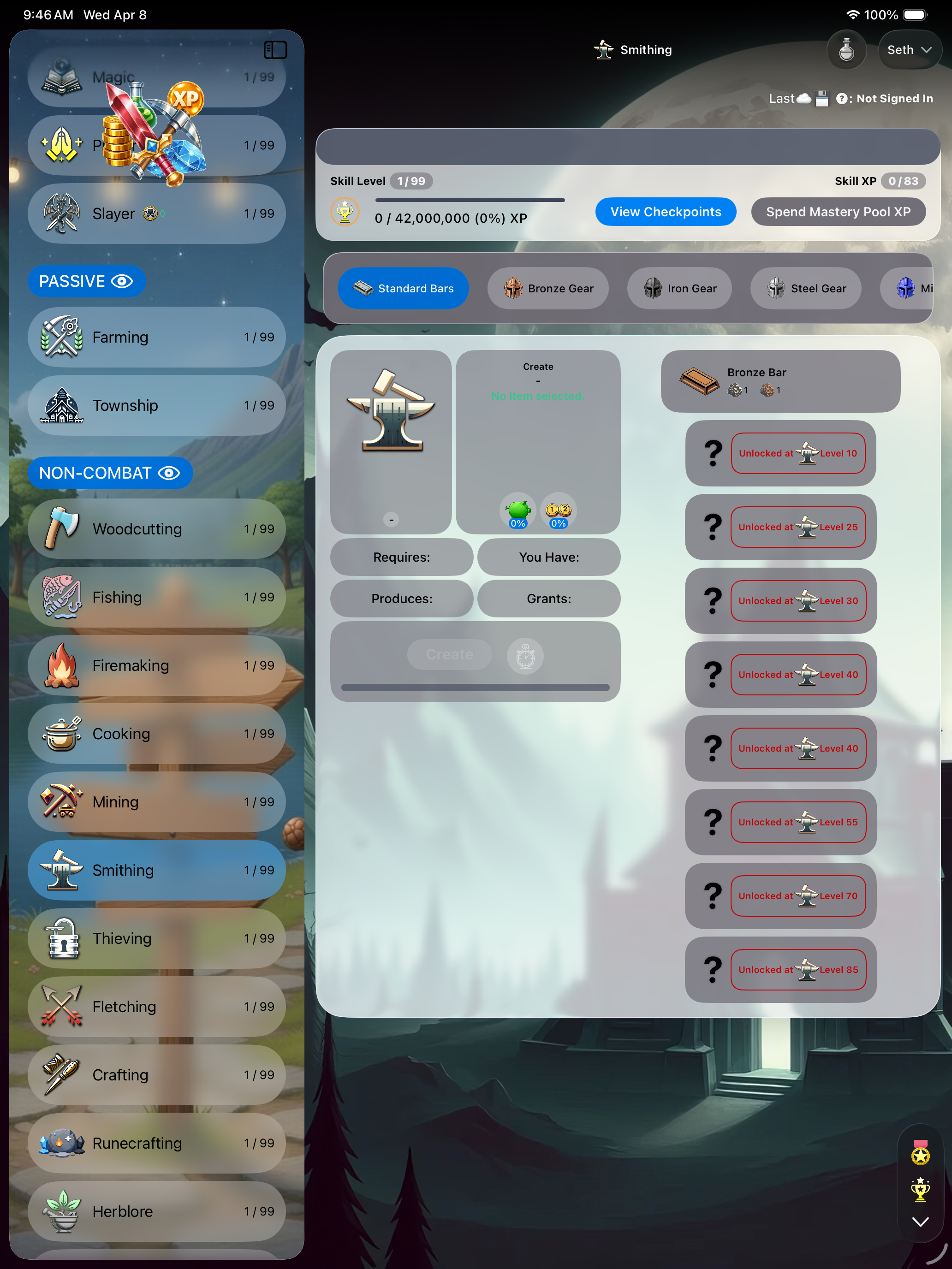 Manu Idle iPad gameplay — smithing skill with full skill list