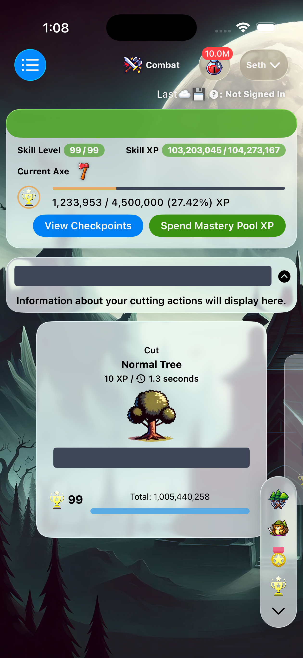 Manu Idle iPhone gameplay — woodcutting skill progression
