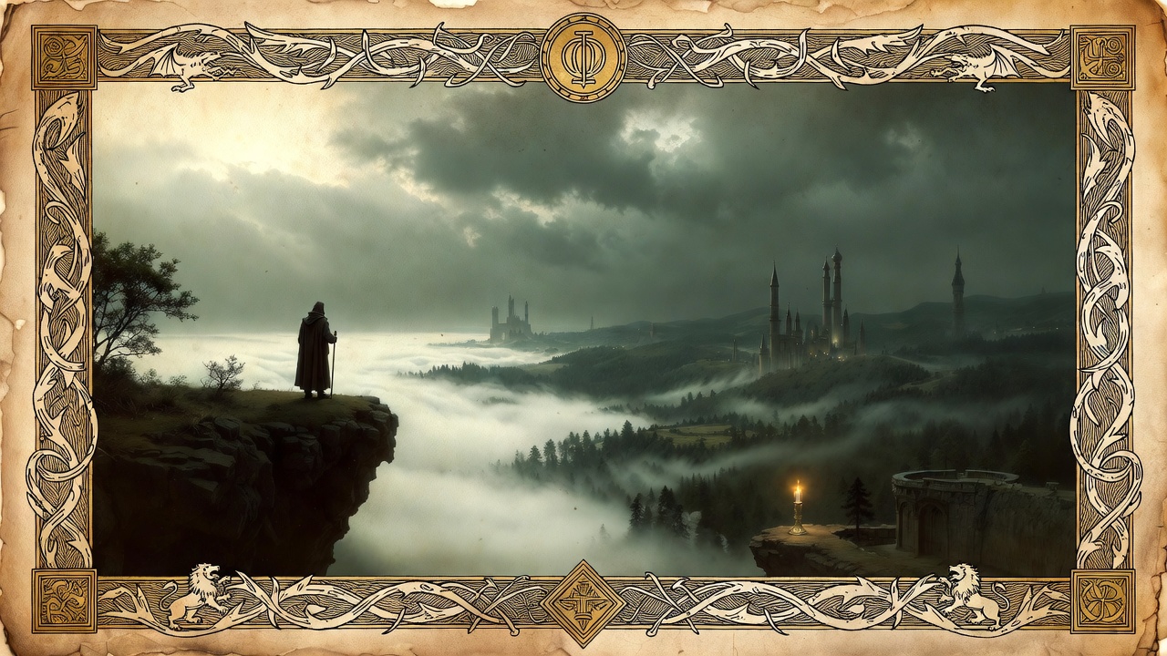 An illuminated manuscript page: a hooded figure on a misted cliff at dusk, looking out over a valley with distant towers and a glowing beacon, framed in gold celtic knotwork with rampant lions in the lower corners.