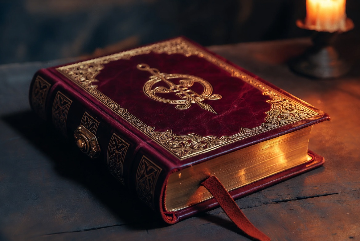 A heavy oxblood-leather grimoire on a dark table, sealed with a tarnished brass clasp, lit by a single candle. The cover bears an unreadable gold sigil.