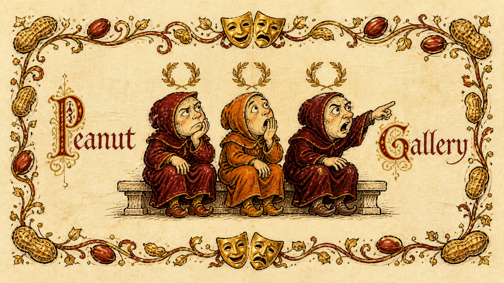 An illuminated cartouche titled Peanut Gallery: three hooded medieval figures on a stone bench, gawking and gesturing at something off-page, surrounded by a marginalia border of peanuts, vines, and theatre masks.