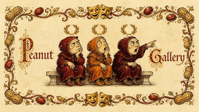 An illuminated cartouche titled Peanut Gallery: three hooded medieval figures on a stone bench, gawking and gesturing at something off-page, surrounded by a marginalia border of peanuts, vines, and theatre masks.