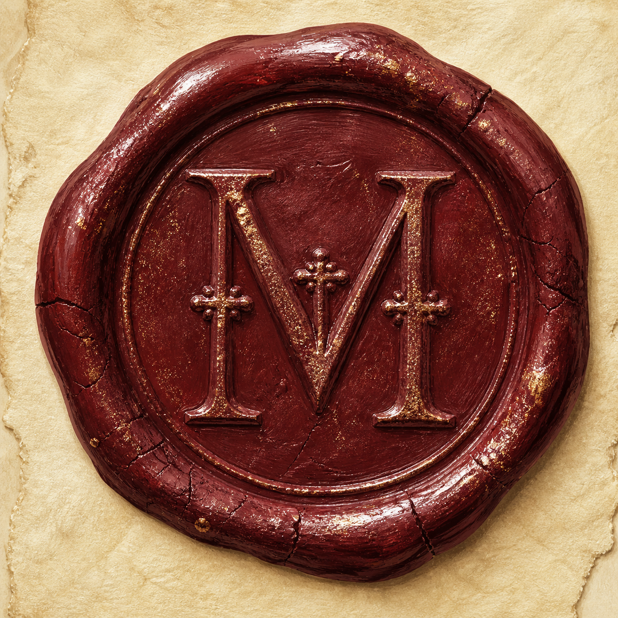 An oxblood wax seal stamped with an ornate letter M, the studio's mark.