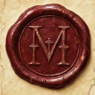 An oxblood wax seal stamped with an ornate letter M, the studio's mark.