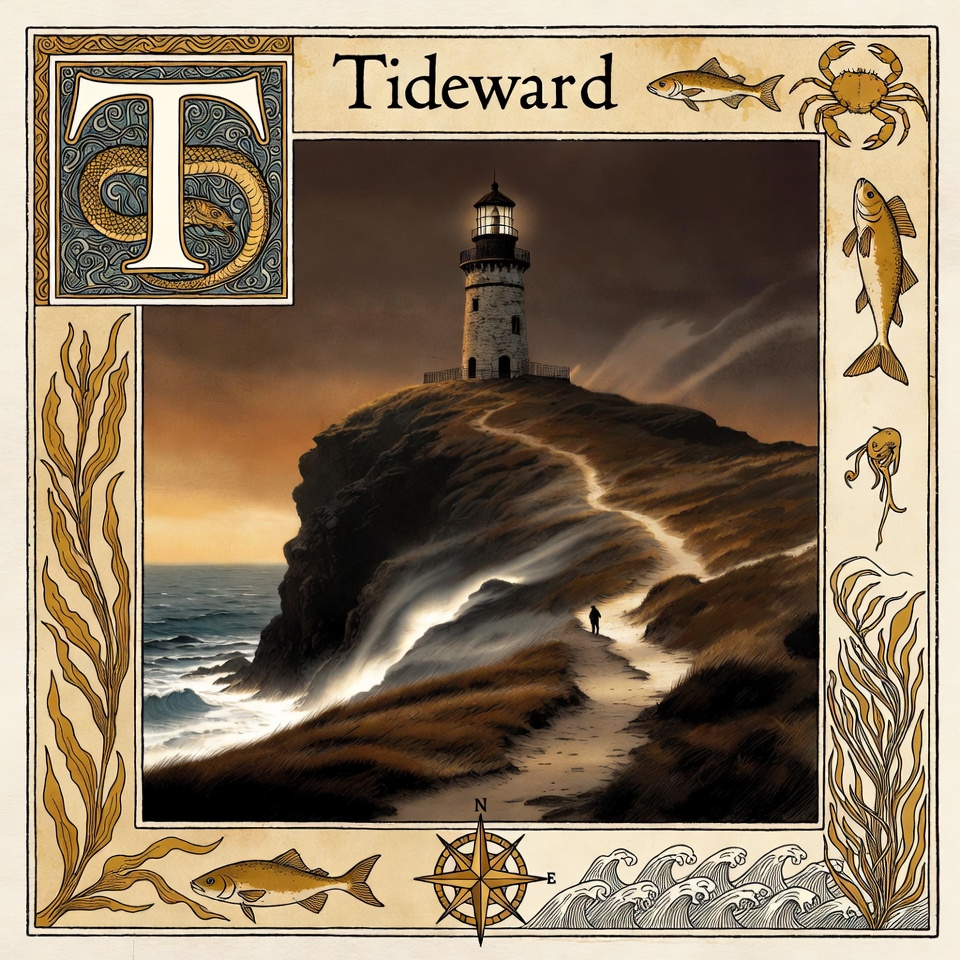 An illuminated plate titled Tideward: a stone lighthouse on a windswept cliff at dusk, a small figure climbing the path toward it, the sea below in golden light. Margins decorated with kelp, fish, a compass rose, and a sea-serpent capital T.