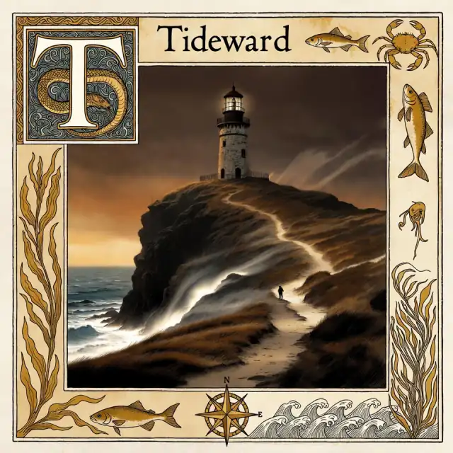 An illuminated plate titled Tideward: a stone lighthouse on a windswept cliff at dusk, a small figure climbing the path toward it, the sea below in golden light. Margins decorated with kelp, fish, a compass rose, and a sea-serpent capital T.